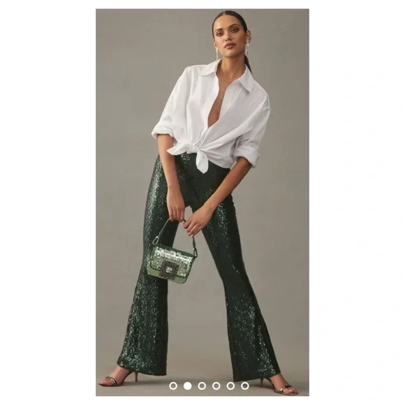 NWOT Anthropologie Joni Sequin Flare Pants in Dark Green Size 10 - Picture 1 of 14